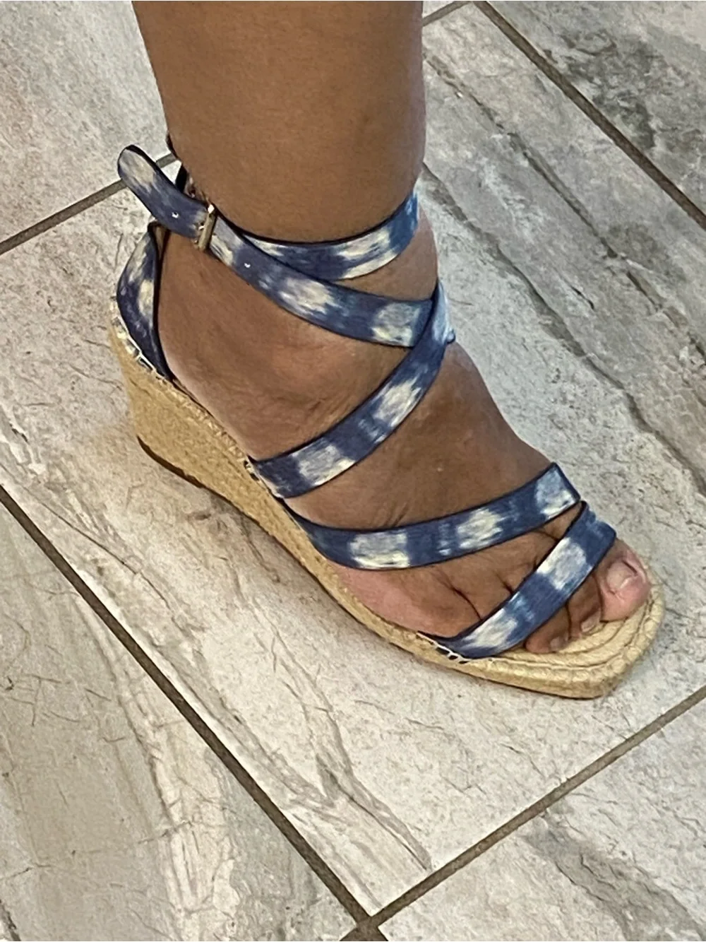Vince Camuto Blue and White Tie-Dye Espadrille Wedge Sandals